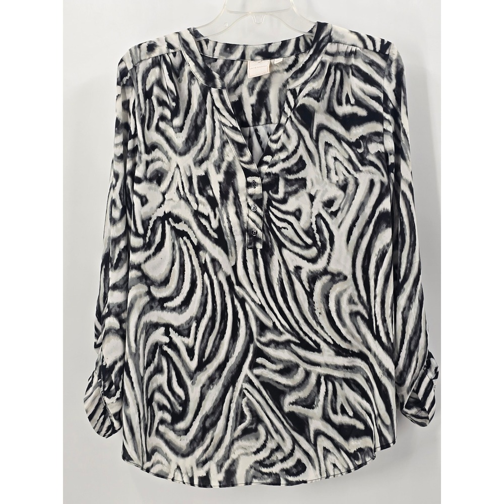 Zac & Rachel Blouse Womens Large Black White Zebra Print Roll Tab Sleeve